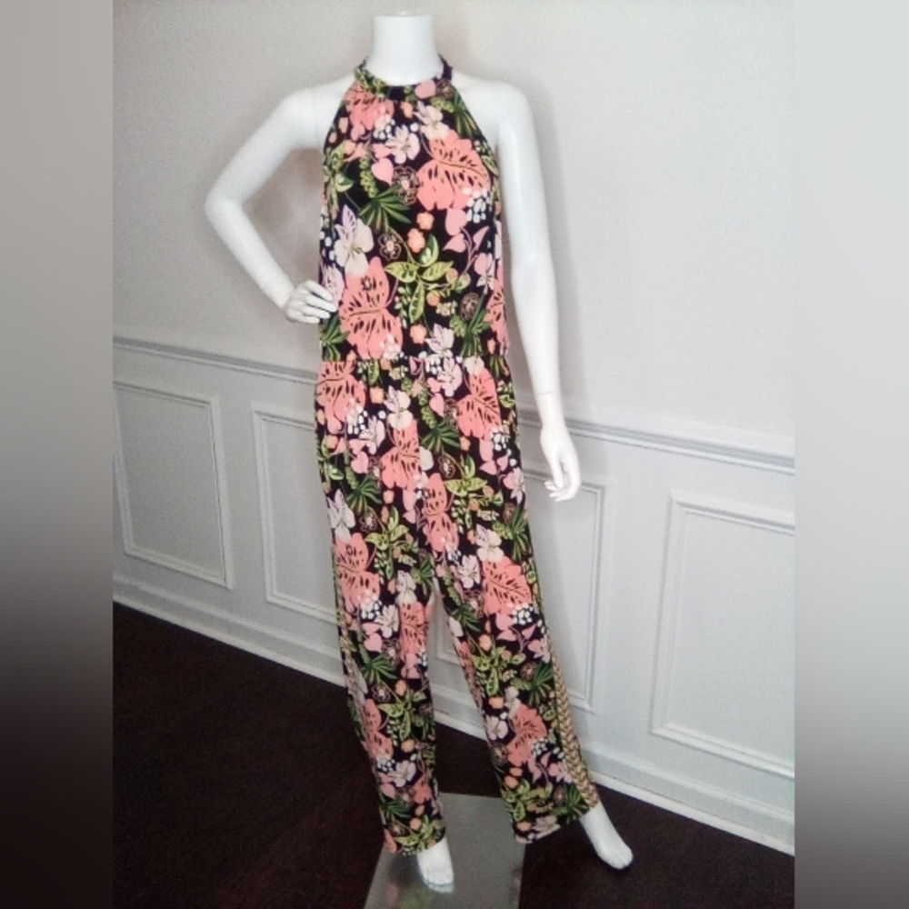 LondonTimes Women's Floral Halter Jumpsuit - Pink and Green, Sz.14